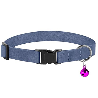 Muromto Breakaway Cat Collar Leather Soft Adjustable Pet Kitten Collars with Bell Pink Brown Blue Green Red (Blue)