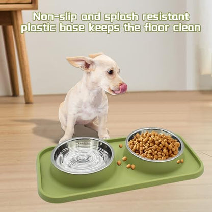 Double Dog Food Bowls Stainless Steel with No Spill Non Skid Silicone Mat Removable Dog Water and Food Bowls Set Durable Feeding for Small Dogs Puppy Cat Kitten(Green) - color: 【Green】