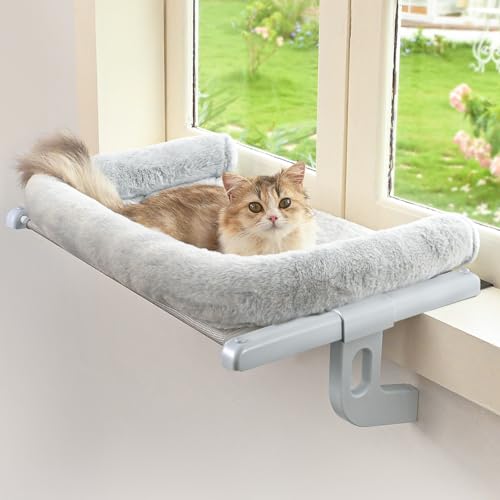 Zoratoo Cat Window Sill Perch with Large Bolster, Easy to Adjust & Assemble Cat Window Seat for Windowsill & Bedside, Pet Hammock Bed for Large Cats and Kittens (Grey, M) - color: Grey, size: Medium