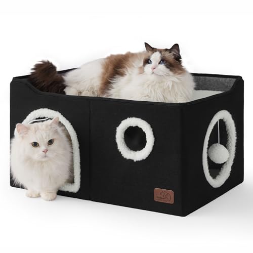 Bedsure Large Cat Beds for Indoor Cats - Extra Wide Cat Cube House for Small Pet with Fluffy Ball Hanging and Scratch Pad, Foldable Pet Cave Hideaway for Multiple Cats, 23.6x16.9x13 inches, Black - color: Black, size: Widen