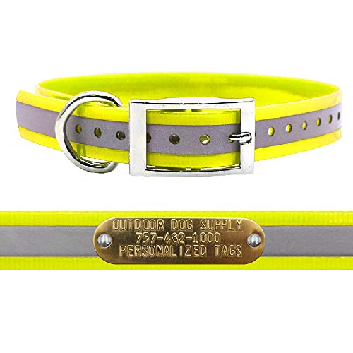Outdoor Dog Supply 1" Heavy Duty Reflective Waterproof D-Ring Dog Collar for Medium & Large Dogs with 3/4" Custom Brass Nameplate (Reflective Yellow, 18") - color: Reflective Yellow, size: 18" Long