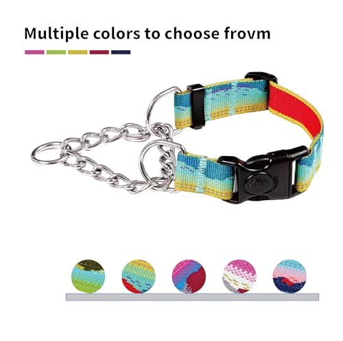 Martingale Dog Collars with Stainless Steel Chain, Reflective No Pull Walking Training Collar with Quick Release Buckle, Adjustable Slip Chain Nylon Dog Collars for Small Medium Large Dogs - color: Yellow and blue, size: Large