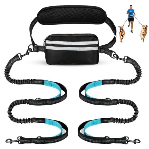 Hands Free Dog Leash with Pouch, Dual Attachment for Two Dogs, Retractable Bungee with Double Padded Handles, Waist-Mounted for Running,Walking, Jogging Friendly Dog Accessories (Black/Mint Green) - color: Black/Blue