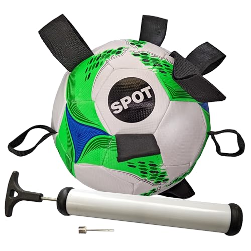 SPOT Dog Soccer Ball with E-Z Tabs - Interactive Fetch and Tug Dog Toy with Heavy Duty Nylon Straps for Carrying, Tossing, and Tugging, Floats in Water, 9in Sports Ball with Air Pump Included