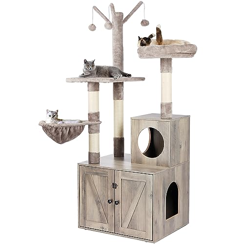 Timberer Litter Box Enclosure with Cat Tree, 2-in-1 Cat Tree Tower, Hidden Cat Litter Box Furniture with Scratching Post, Modern Cat Condo, Grey - color: Grey