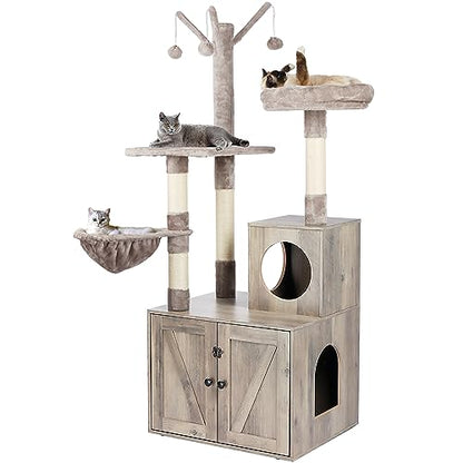 Timberer Litter Box Enclosure with Cat Tree, 2-in-1 Cat Tree Tower, Hidden Cat Litter Box Furniture with Scratching Post, Modern Cat Condo, Grey - color: Grey