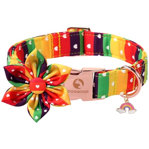 DOGWONG Rainbow Dog Collar with Flower for LGBT Pride Month - Adjustable and Comfortable LGBT Pride Dog Collar for Large Medium Small Pet - color: Rainbow Flower, size: XS