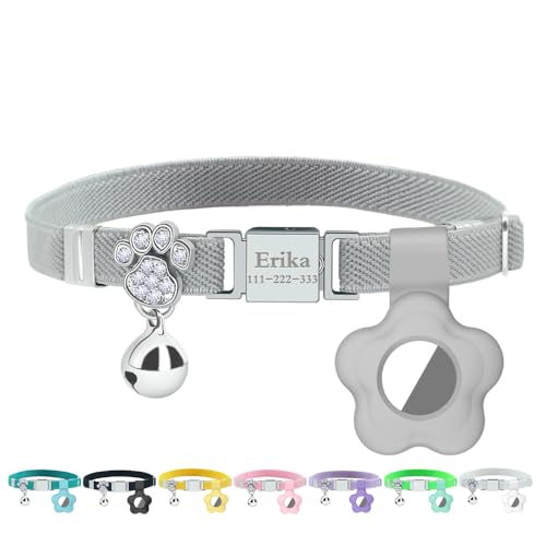 Personalized Safety Elastic Cat Collars with Bell Soft Silicone Cover for Air Tag,Laser Customized Stretch Kitten Collars for Girls Boys Cats (Grey) - color: Grey
