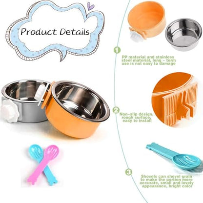 Hamiledyi 2-Pack Hanging Dog Bowls with Removable Stainless Steel Feeder - Spill-Proof Crate Bowls for Kennel/Cage, Puppy to Medium Dogs, Cats, Rabbits & Guinea Pigs (Durable Pet Food & Water Dishes) - color: C：Orange + Grey