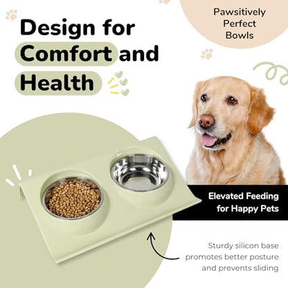 Double Dog Food Bowls Stainless Steel - Puppy Food and Water Bowl Set with Weighted Non-Slip Base - Non-Skid Design - Dog Bowl Set for Puppy Cats Kitten Small Medium Dogs - Green - color: Green