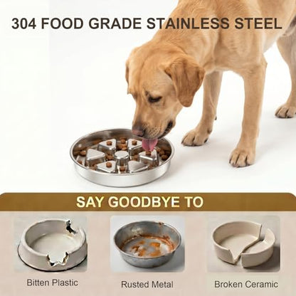 Kactoily Stainless Steel Slow Feeder Dog Bowl, 2.5-3 Cup Heavy Duty 304 Food-Grade Metal Maze Bowl, Non-Slip Base Slow Eating Feed Dish for Medium & Large Dogs