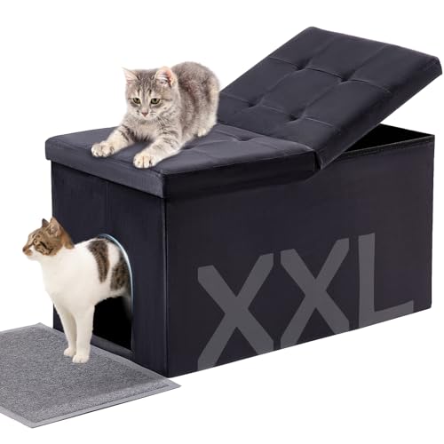 Cat Litter Box Enclosure Furniture Hidden Extra Large, Lift Design Lid Velvet Cat Washroom Bench Storage Cabinet | 35.4x19.7x19.7 in | Dog Proof|Urine Proof Inside|Quick Assembly| Easy Clean - color: Black, size: XL 35.4'' x W19.7'' x H19.7''