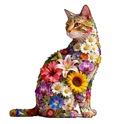 Floral cat Puzzles Adults Gifts Wooden 65 Pieces 8.5 * 6.9in - color: A Floral Cat, size: Small