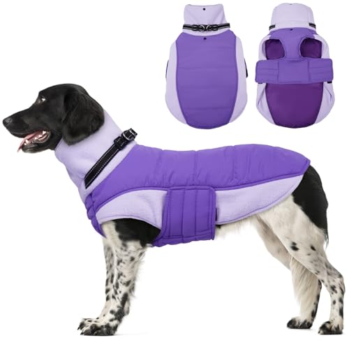 BRKURLEG Dog Coat, Turtleneck Winter Jacket with Harness for Small Medium and Large Dogs, Windproof Reflective Warm Fleece Dogs Snowsuit with Hook & Loop, Dog Coats for Cold Weather, Purple XXL - color: Purple, size: XX-Large