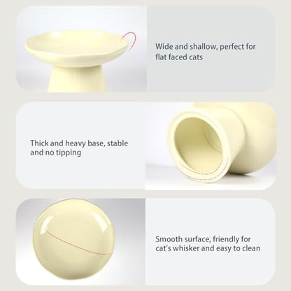 Wide Shallow 6.1" Raised Cat Bowls, Ceramic Elevated Food Plate for Flat Faced Cats and Small Dogs, Porcelain Feeder Bowl, Stress Free, Protect Cat’s Spine, Cream - color: Cream-Shallow