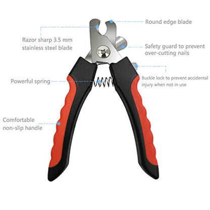 Pet Nail Clippers and Trimmers Set Safety Guard to Avoid Over Cutting Razor Sharp Blades Grooming Tool for All Small Large Dog Cat Red - color: Red