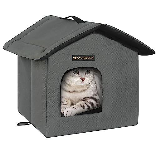 Rest-Eazzzy Cat House for Outdoor Cats, Weatherproof and Insulated Feral Cat House with Mat and Clip, Easy to Put Together, Selfwarming Cat Shelter for Summer(Grey, Waterproof House-S) - color: grey, size: waterproof house-S