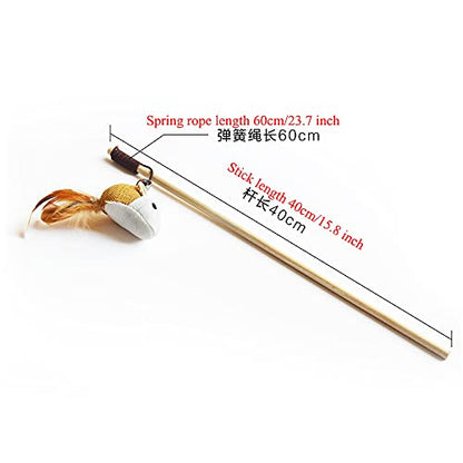 Artshu 6pcs 40cm Feather Linen Wand Cat Catcher Teaser Stick Interactive Toys Wood Rod Mouse Toy with Mini Bell