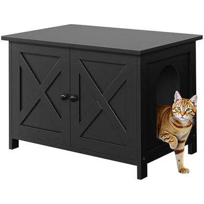 Shintenchi Cat Litter Box Enclosure, Litter Box Furniture Hidden with Removable Divider, Cat House with End Table, Black, 31.5 inch - color: Black