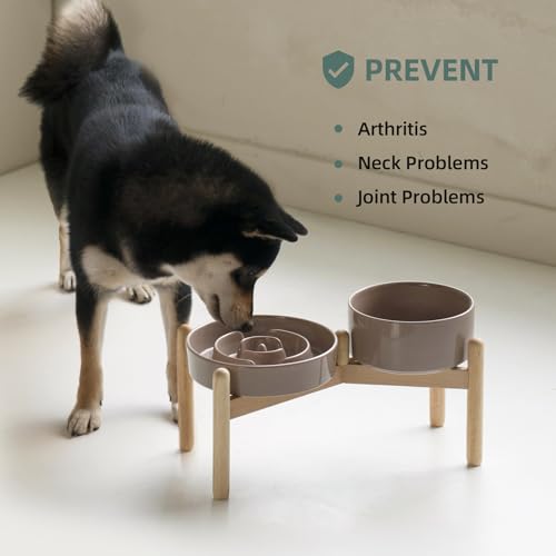 Havniva 7.3” Raised Slow Feeder Dog Bowls Set, 1.2 Cups Ceramic Slow Feeder Dog Bowl and 6.1” Dog Water Bowl with Elevated Wooden Stand Puzzle Dog Food Bowl for Small Dogs Anti-Gulping & Anti-Choking - color: 2 x Brown Coffee+Stand-A, size: 7.3inch