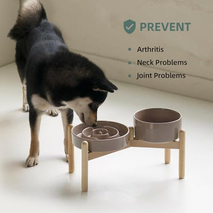 Havniva 7.3” Raised Slow Feeder Dog Bowls Set, 1.2 Cups Ceramic Slow Feeder Dog Bowl and 6.1” Dog Water Bowl with Elevated Wooden Stand Puzzle Dog Food Bowl for Small Dogs Anti-Gulping & Anti-Choking - color: 2 x Brown Coffee+Stand-A, size: 7.3inch