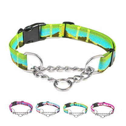 Martingale Dog Collars with Stainless Steel Chain, Reflective No Pull Walking Training Collar with Quick Release Buckle, Adjustable Slip Chain Nylon Dog Collars for Small Medium Large Dogs - color: Green and blue, size: Medium