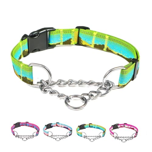 Martingale Dog Collars with Stainless Steel Chain, Reflective No Pull Walking Training Collar with Quick Release Buckle, Adjustable Slip Chain Nylon Dog Collars for Small Medium Large Dogs - color: Green and blue, size: Large