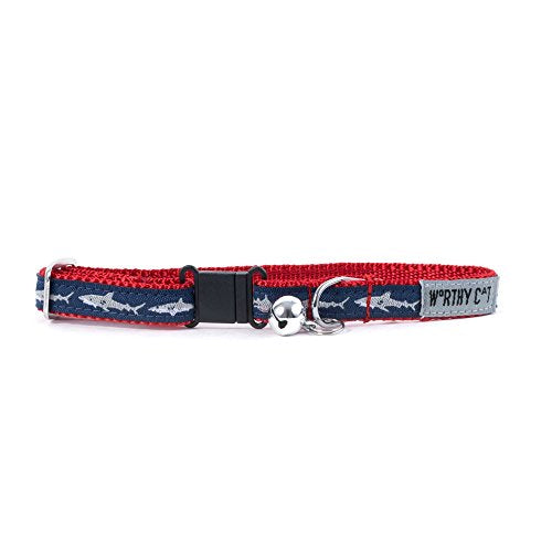 THE WORTHY DOG Jaws Cat Collar with Bell, Adjustable Nylon Safety Collar, Blue, One Size - color: Blue-Jaws