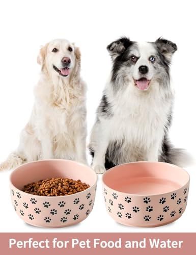 UBEE 6.5 inch Dog Bowls Set of 2, Ceramic Dog Food Water Bowl Dishes with Paw Pattern, Pet Food Water Dish Feeding for Small and Meidum Dogs and Large Cat, Pink - color: Pink-paw, size: 6.5 inch x 2
