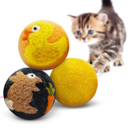 Hustle & Blush Love Ewe Felted Cat Toys 3 Pack - 2 Inch Duck & Bunny Hand Made Cute & Fun Design Kitten Wool Felt Balls for Indoor Play & Exercise - 100% New Zealand Handmade Felted Balls - color: Duck/Bunny