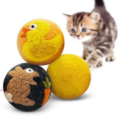 Hustle & Blush Love Ewe Felted Cat Toys 3 Pack - 2 Inch Duck & Bunny Hand Made Cute & Fun Design Kitten Wool Felt Balls for Indoor Play & Exercise - 100% New Zealand Handmade Felted Balls - color: Duck/Bunny