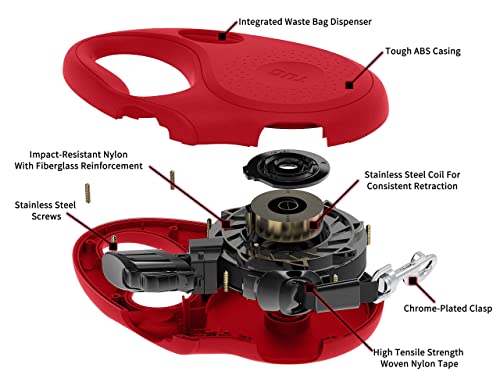 TUG Oval 360° Tangle-Free Retractable Dog Leash with Integrated Waste Bag Dispenser (Medium, Red) - color: Red, size: Medium