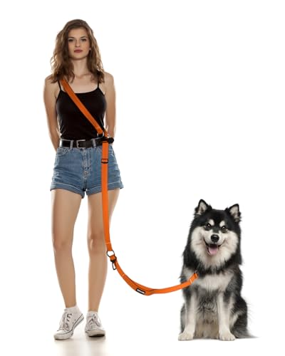 Hands Free Dog Leash, Multifunctional Crossbody Dog Leash, 5.9-9.5Ft Long Waist Belt with Car Seatbelt and Double-Sided Reflective Stitches for Medium and Large Dogs Walking, Jogging(Orange). - color: Orange, size: Large-5.9-9.5ft
