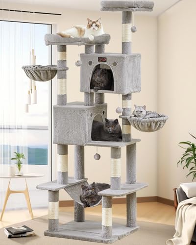 Large Cat Tree Tower for Indoor Cats Adult, 74.8 Inch Tall Multi-Level Kitty Condo with Scratching Posts, Perch, Hammock, Plush Bed for Big Cats, Modern Cat Furniture Heavy Duty (Light Grey) - color: Light Grey 2, size: 74.8 Inches