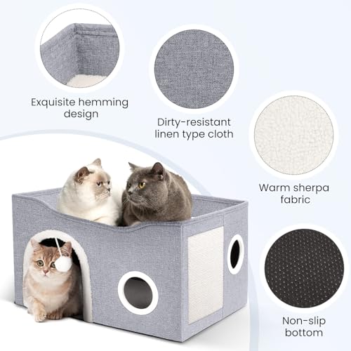 Heeyoo Cat House for Indoor Cats - Large Cat Bed Cave with Fluffy Ball and Scratch Pad, Foldable Cats Houses & Condos, Cat Hideaway, Covered Kitty Bed for Multi Small Large Kitty, 23.8x15.9x13.2 Inch - style: Without heat pad
