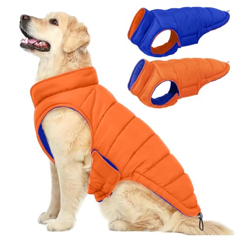 QBLEEV Reversible Dog Coat for Large Dogs, Waterproof Windproof Winter Jacket Keeps Big Breeds Warm & Dry, Adjustable Hook & Loop Puffer Vest, Orange, 3XL – Fits Labrador, Weimaraner, Great Dane - color: Orange-Navy, size: XXX-Large