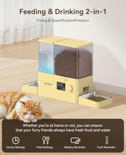 Rojeco 36Cups/8.5L Pet Automatic Cat Feeder and Gravity Water Dispenser,Stainless Steel Bowls 2-in-1 Set Large Capacity 5L Food Feeder and 3.5L Water Fountain for Cats,Pets,Small Dogs,Yellow - color: Yellow, size: 8.5L-Standard
