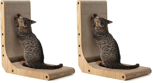 FUKUMARU Cat Scratcher, 18.7 Inch L Shape Cat Scratch Pad Wall Mounted, Scratching Cardboard with Ball Toy for Indoor Cats (Pack of 2) - size: 2 Pack 18.7 in Wood Color