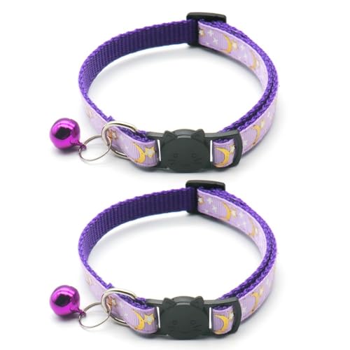 Reflective Cat Collars with Bell 2-Pack Girl Boy Pet Kitten Collar with Star Moon Patetrn Adjustable 7.5-12.5 Inch (Purple) - color: Purple
