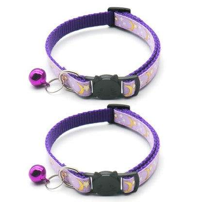 Reflective Cat Collars with Bell 2-Pack Girl Boy Pet Kitten Collar with Star Moon Patetrn Adjustable 7.5-12.5 Inch (Purple) - color: Purple