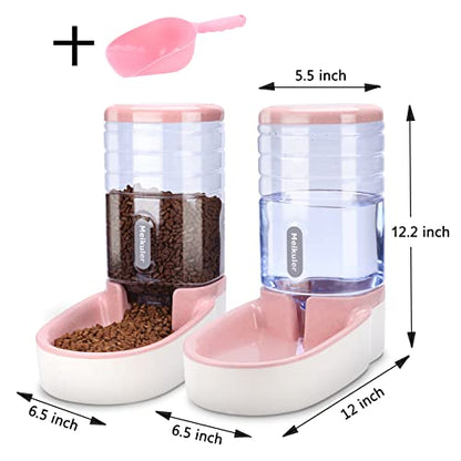 Meikuler Automatic Dog Cat Feeder and Water Dispenser Set,Waterer and Gravity Food Feeder for Small & Medium Dogs Cats Puppies,Large Capacity 1 Gallon x 2(Pink)