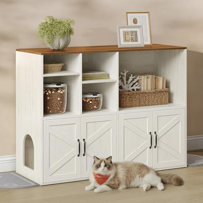 Feandrea Litter Box Enclosure for 2 Cats, Hidden Litter Box Furniture with Storage Cabinet, Double Room, Farmhouse Indoor Cat House Washroom, Honey Brown and Rustic White UPCL032WJ03 - color: Honey Brown + Rustic White, style: Farmhouse