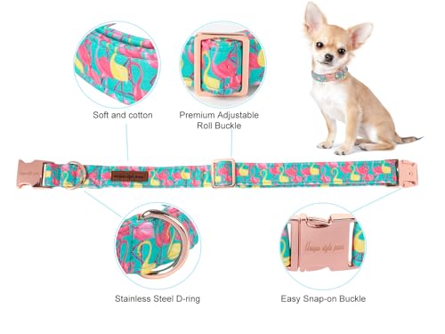 Cute Flamingo Summer Dog Collar, Unique Style Paws Green Pet Collar Adjustable Girl Dog Collar with Metal Buckle for Small Medium Large Dogs - color: Flamingo CC, size: S