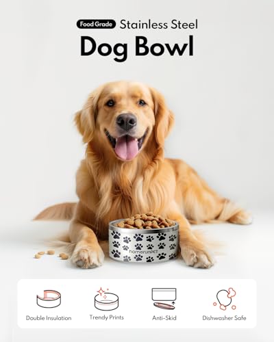 Dog Bowl, HomeRunPet Dog Food Water Bowl with Non-Slip Rubber Base, Metal Insulated Stainless Steel Dog Bowls, Double Wall Dog Bowl for Small Medium Large Dogs, Durable, Dishwasher Safe, 32oz - color: Paw Print