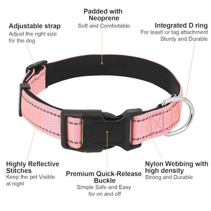 Dog Collars Adjustable for Extra Large Dogs,Heavy Duty Waterproof Dog Collar with Quick Release Buckle,Girl Boy Female Male Reflective Nylon Dog Collar with Soft Neoprene Padded,XL,Pink - color: Pink, size: X-Large