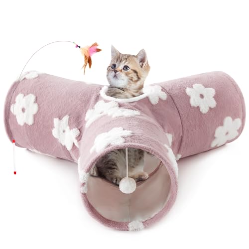 Tempcore Flannel Pet Cat Tunnel Tube Cat Toys 3 Way Collapsible, Cat Tunnels for Indoor Cats, Kitty Tunnel Bored Pet Toys Peek Hole Toy Ball Puppy, Kitty, Kitten, Rabbit Daisy Burlwood - color: 3-Way Daisy Burlwood, size: 3-way