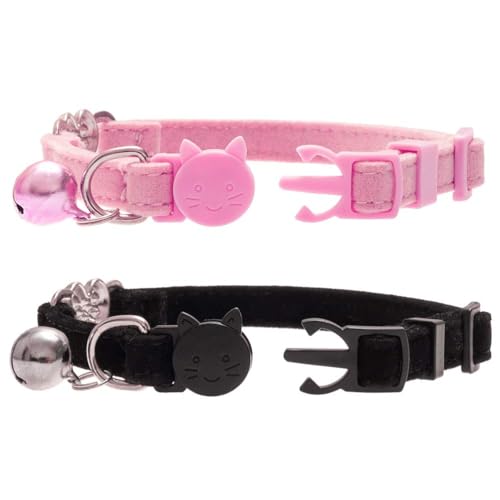 BINGPET Cat Collar Breakaway with Bell, Pack of 2 Heart Bling Collar Safety with Soft Velvet Adjustable for Kittens - color: Heart (Pink + Black)-2pcs