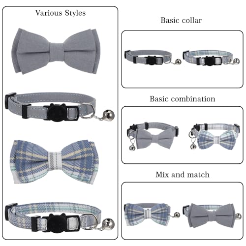 2 PCS Cat Collar with Bow Breakaway Bowtie Safety with Bell Cat Bow Tie Collar Cute Boy Kitten Collars Plaid Pet Collars Adjustable Safety Quick Release Cats for Kitten Cats (Blue)