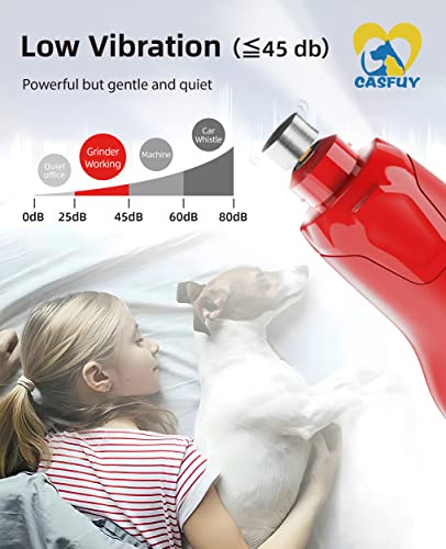 Casfuy Dog Nail Grinder Quiet - (45db) 6-Speed Pet Nail Grinder with 2 LED Lights for Large Medium Small Dogs/Cats, Professional 3 Ports Rechargeable Electric Dog Nail Trimmer with Dust Cap(Red) - color: Red