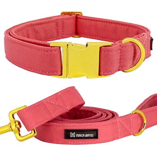 Maca Bates Dog Collar and Leash Set, Adjustable Solid Dog Collar and Leash for Small Medium Large Dog with Golden Metal Buckle - color: set-peach red, size: XS